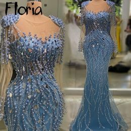 Vestido de noche de bordado azul de alta costura Mermaid de manga larga O Neck Ocn Vestidos Ocn Vestidos de novia de novia 240407