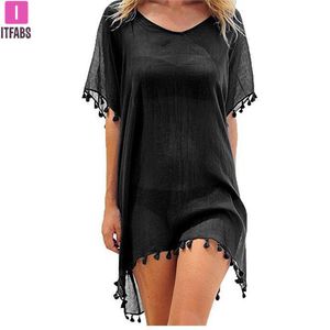 Cover-Up 2021 Chiffon Kwasten Strandkleding Vrouwen Badpak Cover Up Badmode Badpakken Zomer Mini Jurk Losse Effen Pareo cover Ups