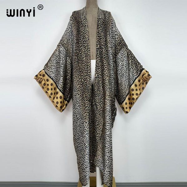 Cover-up 2022 Winyi Summer Beach Wear Traje de baño Cover Up Sweet Lady Boho Cardigan Estampado de leopardo Sexy Holiday Manga larga Kimono Kaftan