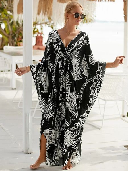 Couvrir 2024 Robe boho V couche Long Kaftan Robe pour femmes Couverture de plage sexy lâche d'été robe maxi robe beachweartunic240416