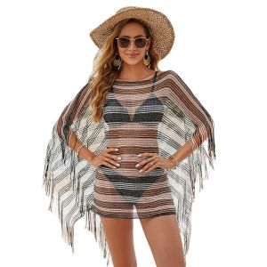 Cover-Up 2024 Women Swimsuit Cover Up Tassels Tops Swim Bikini Bathing Suit Beach Coverups Losse Fit Swimwear Dress