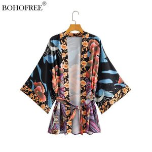 Cover-up Boho Robe Imprimé Floral Robe Courte Été Plage Cover Ups Style Vintage Casual Femmes Cardigan Lune Étoile Imprimé Robes Kimono