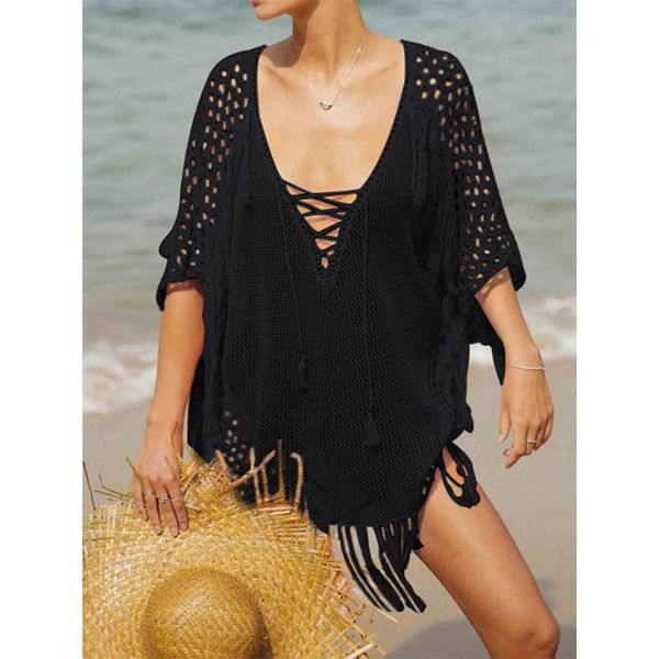 Couvrette Crochet Seethrough Half Mancheves CoverUps Tops Black Holiday Beachwear Designer Bathing Fssction Summer