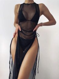 Cover-up Mode Mesh Sheer See Through Jurk Bikini Cover Ups 2021 Sexy Vrouwen Badmode Hoge Split Vetersluiting Badpak Beachwear Baden