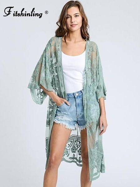 Couvrette Fitshinling Flare Sleeve Lace Beach Kimono Swimwear Boho Hollow Out Slim Sexy CoverUp Bohemian Holiday Long Cardigans Femme Nouveau