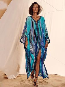 Couvrette Fitshinling Print Split Straight Kaftan Beach Long Robe Femme Bohemian Lace Up Robe Robe Blue Loose Pareos Maxi Robes NOUVEAU