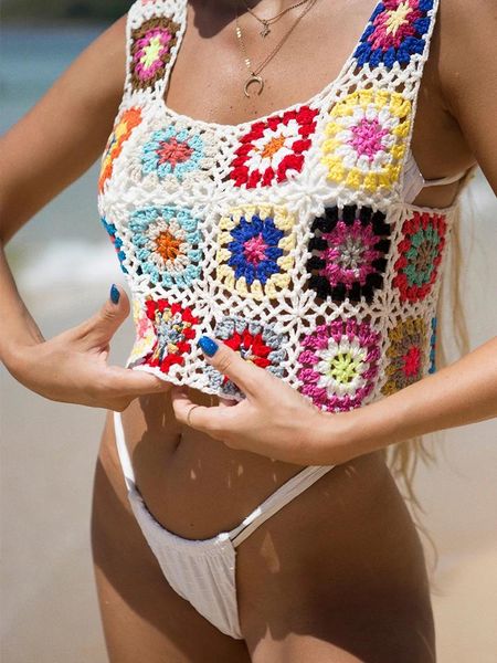 Encubrimiento Top corto de crochet retro Cuadros coloridos Ahueca hacia fuera Lazo delantero Pareos tipo kimono Ropa de playa Top estampado sin bikini