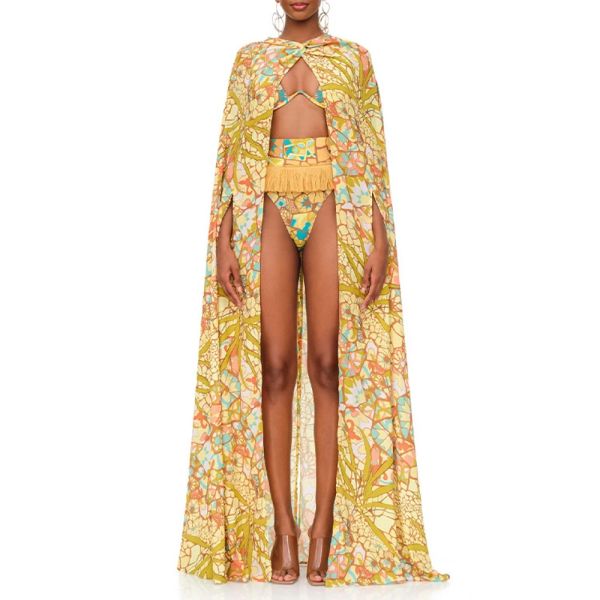 Cover-up Rétro Jaune À Volants Bord Maillot De Bain Une Pièce Avec Châle Slim Bikini Costume VCol Dos Nu Maillots De Bain Femmes Vacances Plage Coverup