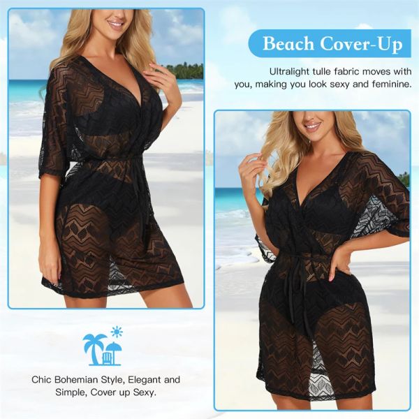 Cover-up Sexy mujer encaje cintura hueca Correa playa Bikini protector solar camisa verano traje de baño encubrimientos red traje de baño ropa de playa vestido túnica