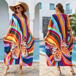 Cover-up gestreepte bikini cover-up met vlinderprint zomer dames strandkleding kaftan lange maxi strandjurk tuniek zwempak cover-up sarong