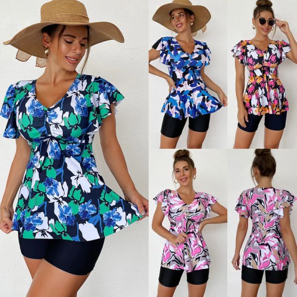 Traje de baño cubierta para mujer, traje de baño de talla grande de verano 2023, conjunto de Tankini, vestido de ganchillo, vestido de cintura con estampado Floral, traje de baño plano en ángulo