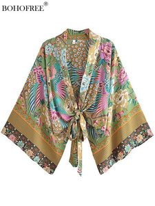 Cover-up Vintage Boho Wrap Tops Summer Beach Cover Ups Bow Tie Rayon Coton Short Kimono Ladies Mujer Ropa Bohemian Style ethnique Kimono