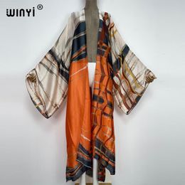 Cover-Up Winyi 2022 Boho Gedrukt Long Kimono Dress Bikini Wrap Silky Coverups Women Summer Dessen Strand Draai Swim Suit Holiday Kaftan