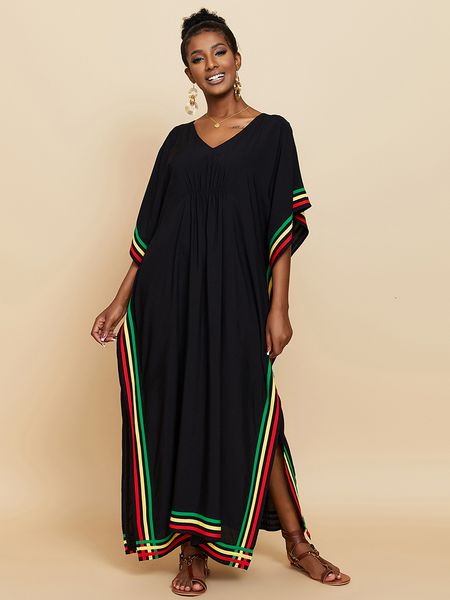 Cover-ups Robe Maxi Noire Élégante Robe De Plage Col V Bohème Robe Longue Taille Maillot De Bain Vêtements De Plage Cover up Kaftan Pareo 230508