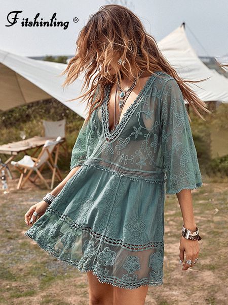 Cover-ups Fitshinning Deep V-cou Bohemian Beach Outdoor Transparent Sexy Lace Tuned Pareo Maillots De Bain Été Vintage Jupe Courte Couverture De Vacances 230406