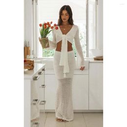 Cover-ups Gebreide Sexy See Through Mesh Strand Cover Zomer Crop Top Blouse Lange Rok Tweedelige Set Holle Jurk Dames