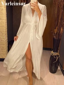 Cover-ups Sexy Beach Long Dress Women's Beach Dress Tunic Pareo White V-cou Dress Maillots de bain Robe Bikini Maillots de bain V2623 230406