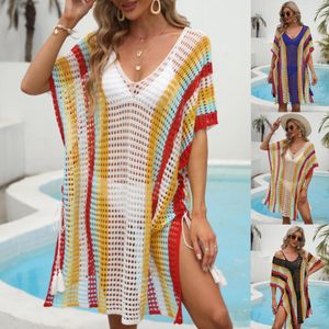 Cover-ups Robe deux pièces Tunique de plage tricotée pour femme Swim Cover Up String Split Beachwear Crochet Maillot de bain Cover-ups Stripped Pareo Maillot de bain 230616