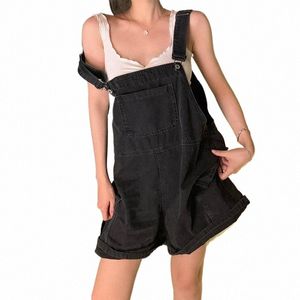 Overall Denim Kort Voor Vrouwen Baggy Vintage Zwart Koreaanse Stijl Zomer Casual Fi Hoge Taille Wo Straight Jean Shorts 52F2 #