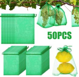 Couvre 50 pièces sacs de Protection des fruits couverture de filet anti-oiseaux sacs de barrière en maille verte avec cordon protégeant les fruits contre les insectes 20*30 CM