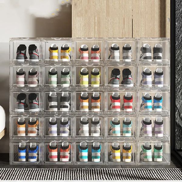 Couvre-chaussures transparentes en acrylique, boîte de rangement pour chaussures de basket-ball, boîte de rangement en plastique anti-poussière, armoire à chaussures combinée empilable