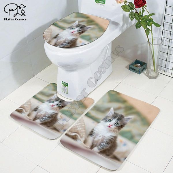 Cubiertas lindas caricatura de patrón de gato Puntada divertida 3D Pedestal de baño Pedestal Alfombra Tapa de tapa del baño Conjunto de la alfombra del baño de envío 3