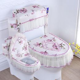 Couvertures Fyjafon 3pcs Couvercle de siège de toilette avec sac de rangement fleur de toilette imprimée couverture de siège lavable pourpre pourpre