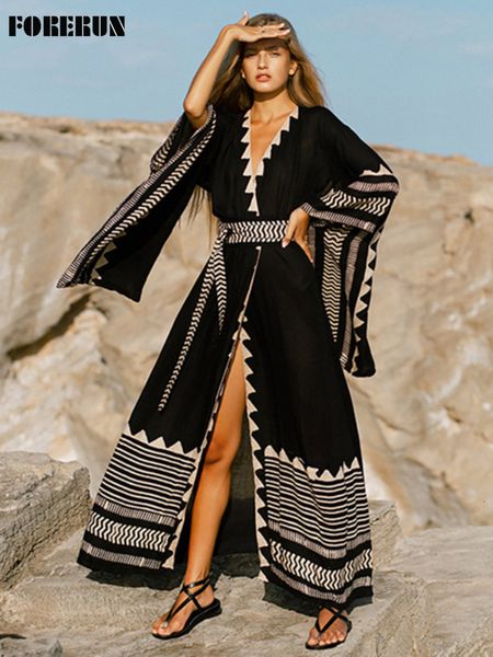 Coverups FORERUN Bikini Cover Up Bohemian Beach Kimonos para mujer Moda Elegante Geométrico Negro Wrap Vestidos Ropa de playa Traje de baño 230515