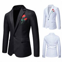 Covrlge chaqueta de traje casual para hombre, solo trasero, busin herringbe, color sólido, chaqueta con bordado de rosa, traje, abrigo en forma para hombre MWX047 x1rZ #