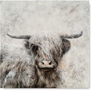 Koe Canvas Wall Art Handgeschilderde Mooie Wilde Animal Olieverfschilderijen Highland Vee Kunstwerk voor Boerderij Woonkamer Slaapkamer Badkamerdecoratie Geen frame