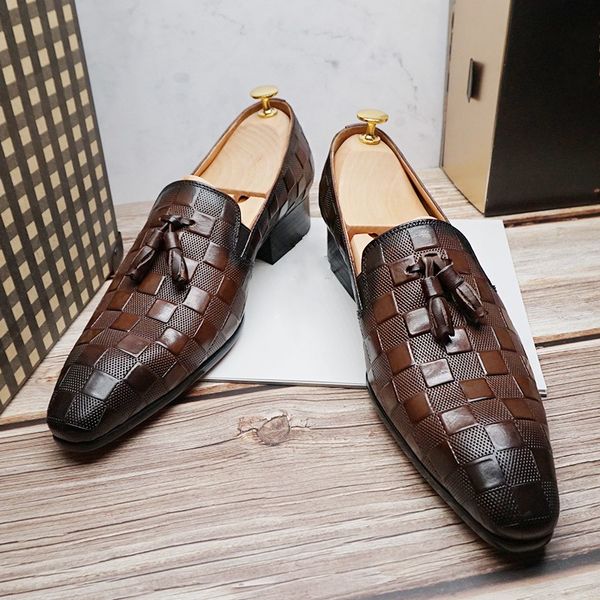 Cuero de vaca Negro Marrón A cuadros Tacón plano Hombres Boda Zapatos de novia Caballeros Oficina Oxfords Mocasines masculinos