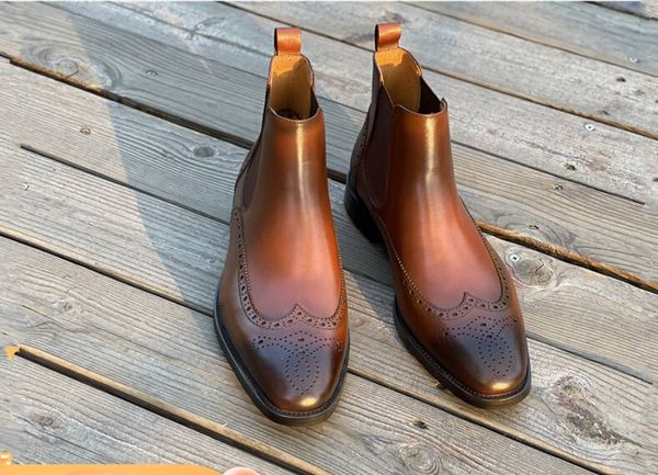 Vache hommes Chelse Vintage bottes en cuir Style britannique haut Brogue sculpté formel hommes chaussons chaussures 739 s