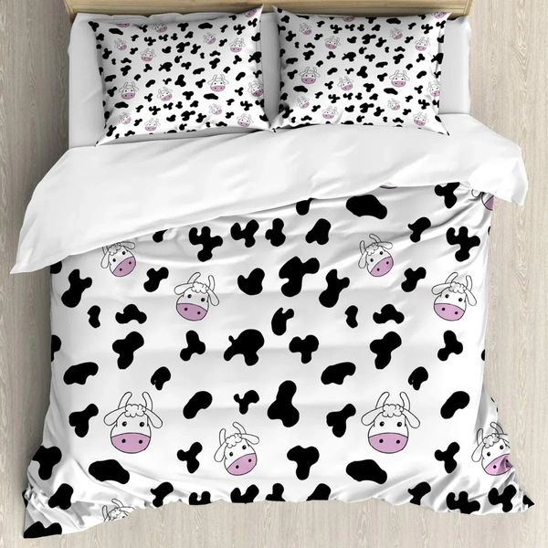 Ensemble de housse de couette imprimé vache, dessin animé Animal Doodle, élevage, Polyester, Double, Queen, King, taille 240131