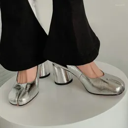 Sandales de vache en cuir authentique sier séparément âne orteil femme ninja slingbacks chaussures rondes grosses talons hauts chics