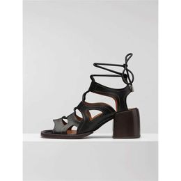 Sandales de vache dames réelles 2024 Toes en cuir Sexy Party Wedding Chunky High Heel Hollow Out Casual Peep-Toe Chaussures Lace Up Up Cross-Tied Mix Black Color Taille 4-44 D 1BF9