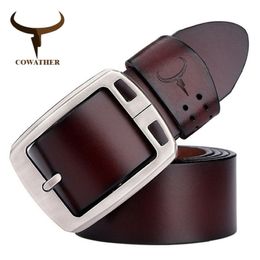 Cowather Cowhide Véritable ceintures en cuir pour hommes Strap de marque Boucle de broche mâle Vintage Jean ceinture 100-150 cm de long tour 30-52 XF001 220402 261C