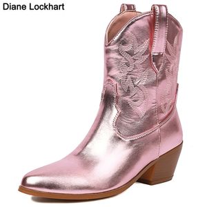 Cowboy 635 roze voor cowgirl dames mode geborduurde puntige teen chunky hiel western enkel laarzen shinny schoenen gratis schip 230807 243