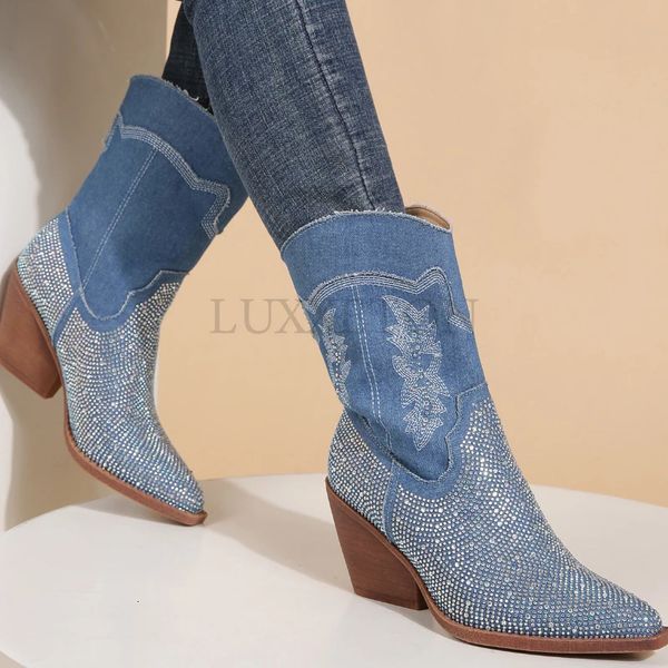 Cowboy Autumn Western 614 hiver pointu Patchwork Patchwork strass de veau moyen de marche confortable Boots pour dames 240407