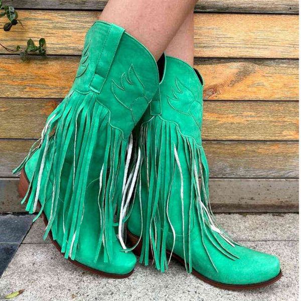 Botas de vaquero, zapatos para mujer, nueva borla, tacones gruesos, punta estrecha, verde, rojo, moda occidental, cuña sin cordones para mujer 220815