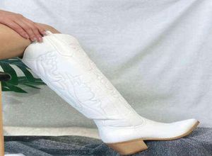 Cowboy cowgirls western laarzen herfst winter witte knie hoge vrouwen groot formaat 41 comfortabele wandel gestapelde hakken vintage schoenen j2208059799224