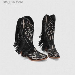 Cowboy for Cowgirls Women Fringe Bling Boots Western Slip on Med Calf Shoes Summer Automne Vintage Retro Brown Casual T230824 D59D9