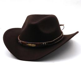 Chapeaux de cowboy Wide Brim Solid Fedora Hat avec ceinture en cuir Unisexe Wool Felt Cap Women Men Party Trilby Jazz Street Headwear Patchwor1101625