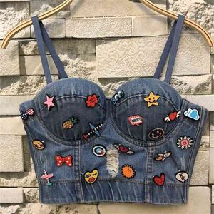Cowboy Hole Push Up Denim Bustier Crop Top Femmes Ripped Sexy Cropped Feminino Strappy Bralette Bras Camis Tops 210527