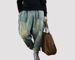 Cowboy Palazzo Cargo Hippie Boho Vintage Loose Pantalones Mujer Jeans Blue Pants for Women Trousers Riped Denim Baggy Dames0391524117