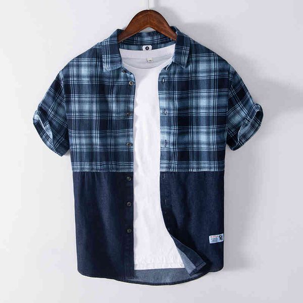 Cowboy Patchwork chemise à manches courtes pour hommes 100% coton Plaid mode décontracté Denim chemise été nouvelle couture vêtements 210421