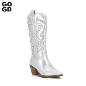 Cowboy roze cowgirl gogd 341 voor vrouwen mode zip geborduurde puntige teen chunky hiel midden kalf westerse laarzen shinny schoenen 231219 942
