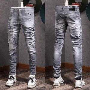 Jeans Gris Patchwork Distressed Whisker-Washed Slim Fit Pour Homme