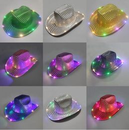 Sombrero LED de vaquera con luz intermitente, sombreros de vaquero con lentejuelas, gorras luminosas, disfraz de Halloween GG029