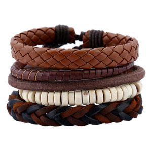 Cowhide armband gevlochten wax touw multi-layer armband houten kralen heren lederen armband size verstelbare 5styles / 1 set