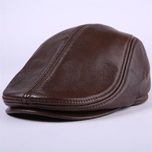 Cowhide Echte lederen krantenjongen Cap Middle Lize en Old Man Vintage Flat Cap Ear Protection Beret Hat246V